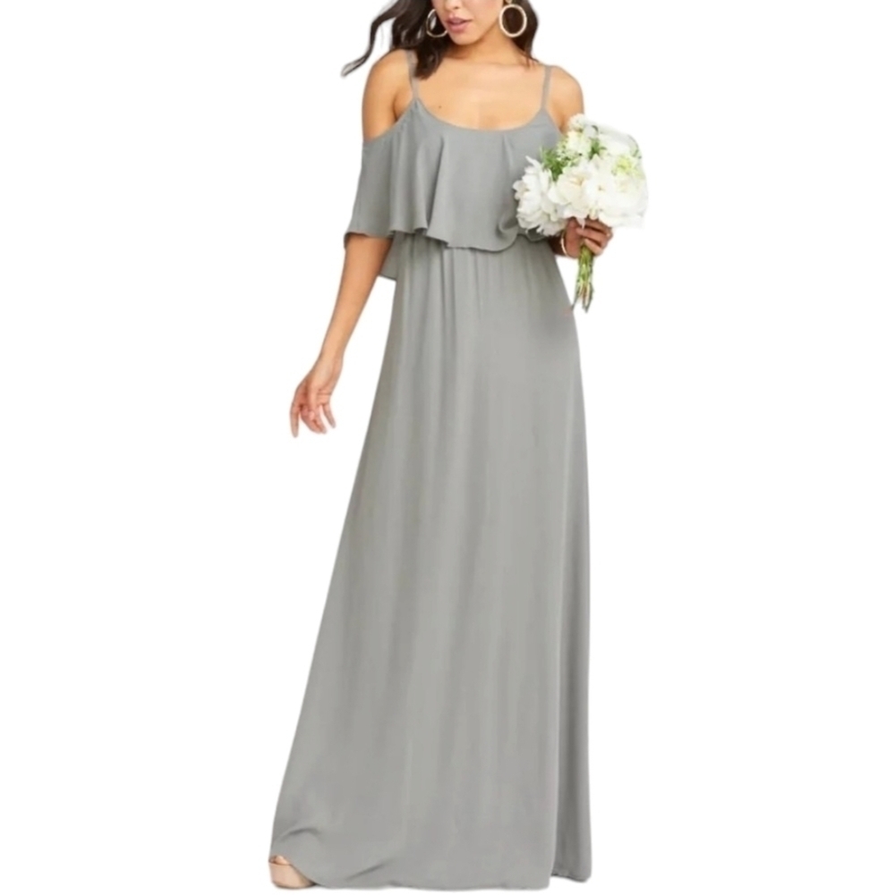 Show Me Your MuMu Caitlin Ruffle Cold Shoulder Maxi Dress in Dove Grey - Picture 5 of 5